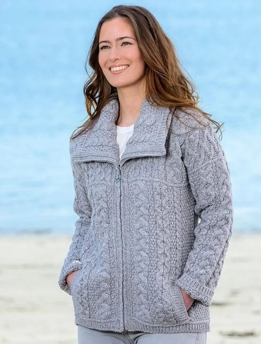Aran Crafts Women's Merino Wool Cable Knit Full Zip Cardigan Gray XL NWOT